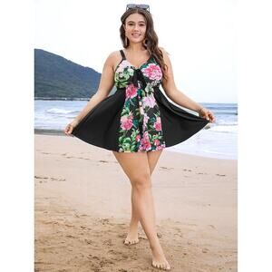 BloomChic Floral Patchwork Ruffle Knotted Swim Dress Plus Size 28 ALine Swimsuit